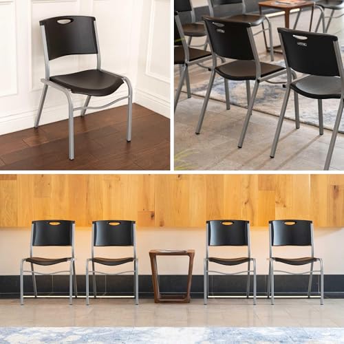 LIFETIME Stacking Chair, 4-Pack, Black Seat with Silver Steel Frame, Durable Commercial Seating