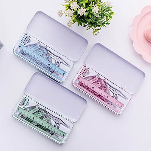 FENOKD Circular Gauge Set Geometry Kit 8 Piece Math Tool Kit with Compasses Protractor Pencil Eraser Sharpener Triangle 6In Ruler Storage Box Circle Gauge Set (Pink)，Pink