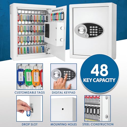 Barska 48 Position Key Cabinet with Digital Keypad Wall Mounted Security Keys Safe Key Organizer White with Adjustable Racks Key Tags