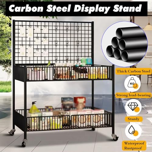 MLYAYE Rolling Metal Wire Retail Display Stand with 4 Wheels & 10 Hooks, Mobile Street Food Vendor Cart for Craft Show Fair/Flea Market/Events, Gridwall Panel Showing Rack(Black,25 3/5inch)