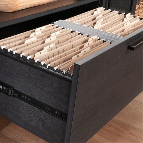 Pemberly Row Contemporary Engineered Wood Large Credenza, Raven Oak Finish, 29.76" H x 65.98" W x 20" D, File Drawer, Adjustable Shelves, Rattan Doors, Open Shelf, Cord Management, Home Office