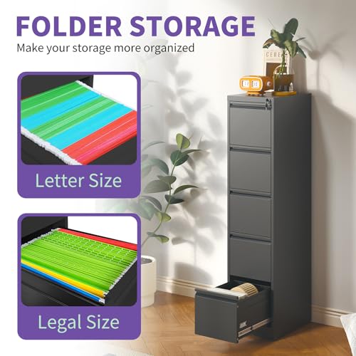 NUPczxg 17.7" Deep 5 Drawer File Cabinet, Metal Vertical Filing Cabinet with Lock, Office Home Steel Printer Stand for A4 Legal/Letter Size, Assembly Required, 5 Drawer Black