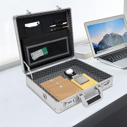 Aluminum Locking Briefcase, Portable Lock Box w/Strap Aluminum Case(Silver)
