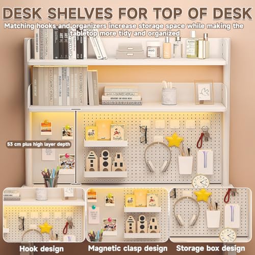 Clamp on Desk Shelf, Multipurpose 2-3 Tier Desk Hutch with Pegboard, Wood Desktop Countertop Storage Organizer Height Adjustable,Desktop Bookshelf for Dorm,Office Home,White tall15in long31in