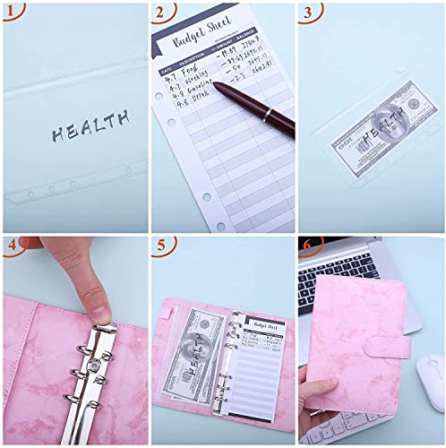 QERTYHKK A6 PU Leather Budget Binder with Pockets, Expense Sheets, Sticker Labels, Money Saving Cash Envelopes System