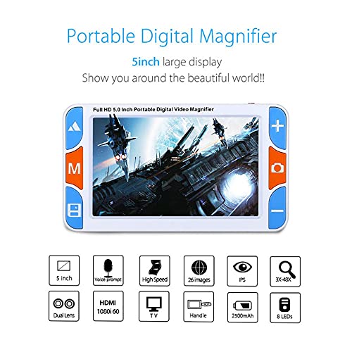 JYMALISA 5 Inch Electronic Reading Aid, 3-48X Zoom Magnifier, 26 Color Modes, AV/TV/HDMI Output, for Low Vision People Reading Writing, Viewing Maps Books