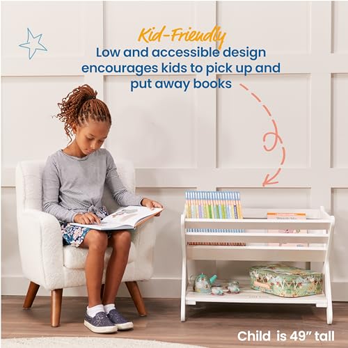 ECR4Kids Wooden Book Caddy with Storage Shelf and Handles, White Wash
