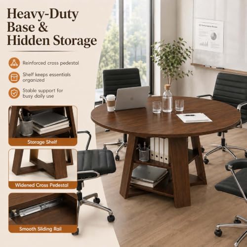 YunKiTech 43 59" Wooden Extendable Round Conference Table 4-6-8 People