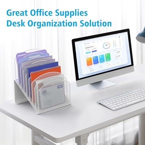 Inclined Desk File Organizer, 8-Section Upright Desk Organizer Standing File Sorter for Office Classroom Desktop Organization (White)