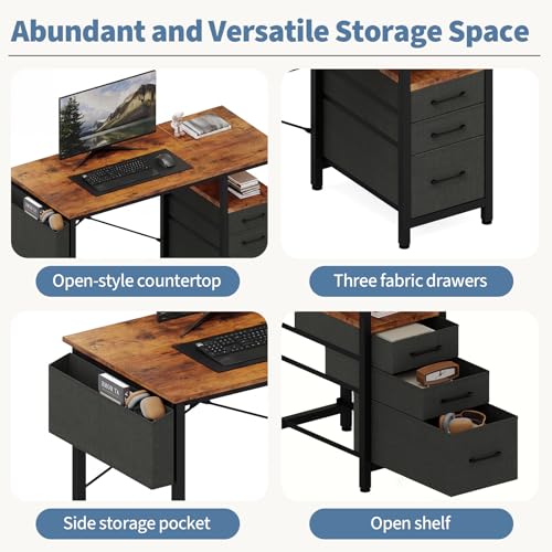 DUMOS 39 Inch Small Computer Desk with Storage, Fabric Drawers,Brown