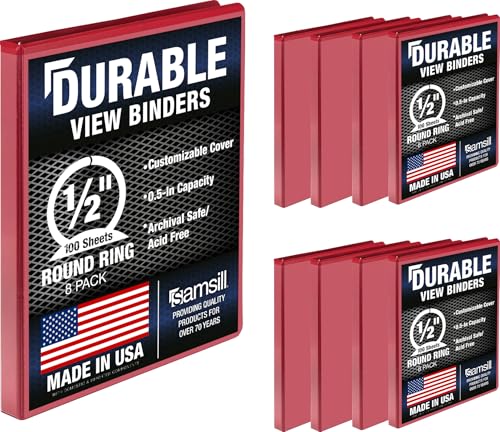 Samsill 8 Pack Durable 0.5 Inch 3 Ring Binders, Round Ring, Clear View Cover for Presentations, Red