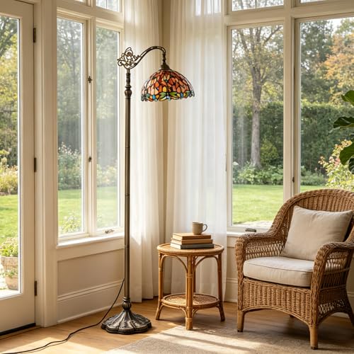 GILGGAK Tiffany Style Floor Lamp Orange Red Dragonfly Stained Glass Arched Lamp 12X18X70 Inches Gooseneck Adjustable Corner Standing Reading Light Decor Bedroom Living Room