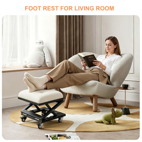 VECELO Foot Rest Under Desk at Work, Height Adjustable Rolling Foot Stool Set of 2 with Wheels, Cushioned Seat for Living Room, Bedroom, Home Office, Beige