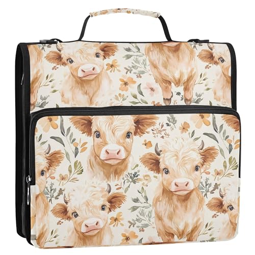 FJDENG Cute Highland Cows Waterproof 13" Binder Bag Organizer with Expandable Storage,3-Ring Zipper Binder with Shoulder Strap for School & Office