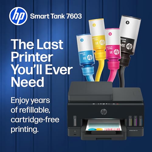HP Smart Tank 7603 Wireless All-in-One Ink Tank Printer, Scanner, Fax, Copier with up to 3 Years of Ink Included, Best-for-Home Office, Cartridge-Free Refillable, AI-Capable (D34F7A)