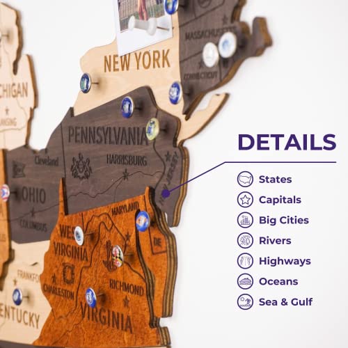 Jabihome 3D Wooden USA Map Wall Art with Push Pins, Gift for Men, Gift for Men, Office Wall Decor, Wood Wall Decor, Home Decor, White Elephant Gifts for Adults Useful, Teacher Christmas Gifts (Size XL