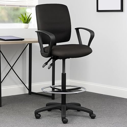 Benzara Jea Swivel Drafting Stool, Seat Tilt Lock, Loop Arms, Black Crepe