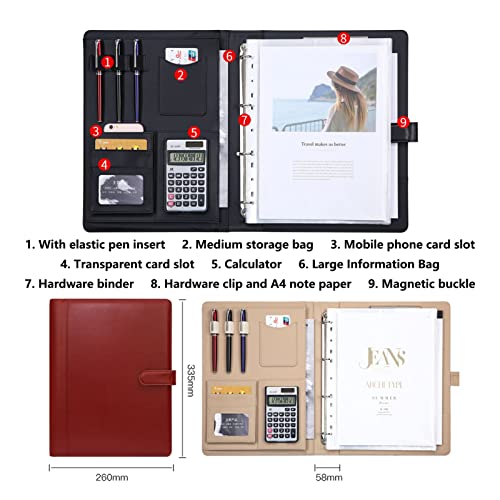 Padfolio,Portfolio Organizer, A4 Portfolios Padfolio Binder Professional Faux Leather Travel Organizer Pouch for Documents Presentation Folders Business Cards Removable 4 Ring Notepad