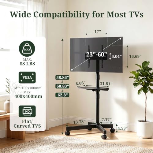 TV Cart Rolling TV Stand, Mobile TV Stand on Wheels for 23-60 Inch TVs