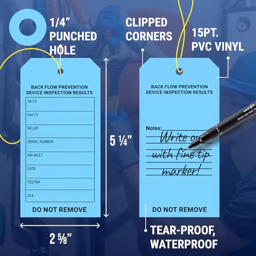 Tags 4 Less Custom Backflow Preventer Inspection Tags – 2 5/8" x 5 1/4" Maintenance Record Label for Backflow Test, Waterproof Heavy Duty Vinyl Plastic for Record-Keeping (Pack of 100)
