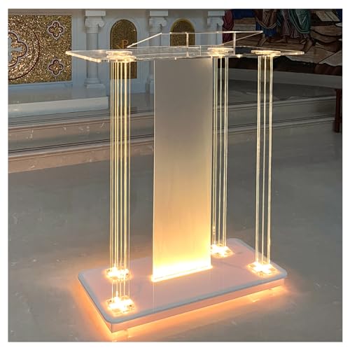 Vakiorn Church Pulpit with Led Lights, 46” Acrylic Pulpits for Churches, Transparent Podium Stand with Wheels& Spacious Reading Platform, Clear Lectern for Speech (39.4”L*15.7”W *44”H)