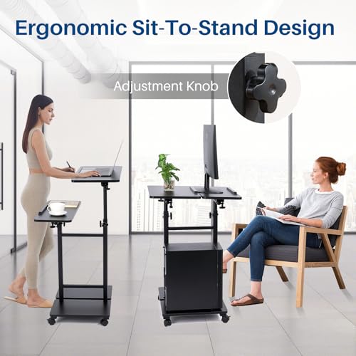 Podium Stand with Wheels, Height Adjustable Lectern Podium Stand, Rolling Portable Podium with 2 Swivel Shelves, Mobile Teacher Lectern for Classroom Church Office Presentation(Black)