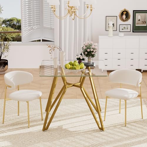 Modern Square Tempered Glass Dining Table, Clear Small Reception Table with Gold Metal Legs for Dining Room Living Room Office (35.4" Square Table)