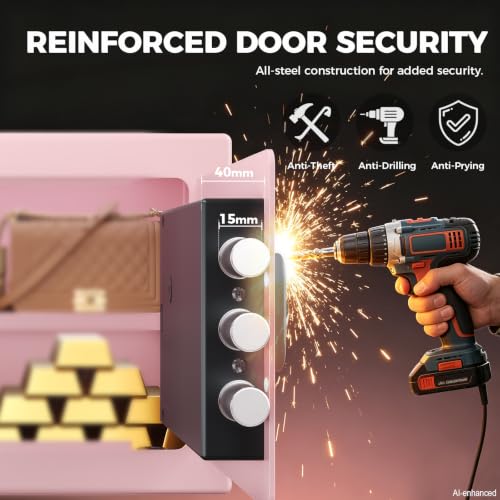 ANBEGE Mini Biometric Safe Box for Home, 0.8 Cu Ft Small Fingerprint Safe with Keypad & Keys, Steel Personal Security Safe with Magnetic Light, for Jewelry, Cash, Passport, Medication, Pink