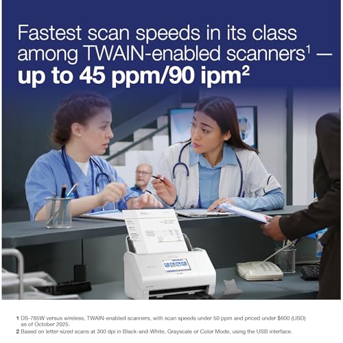 Epson DS-785W Color Duplex Desktop Document Scanner, up to 45 ppm, Wireless/USB Connectivity, ScanWay PC-Free Scanning, 4.3" LCD Touchscreen, 100-Page Auto Document Feeder (ADF), Twain/ISIS Drivers