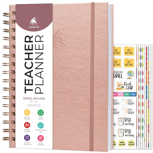 Clever Fox Teacher Planner Spiral, Undated Gradebook Homeschool Rose Gold