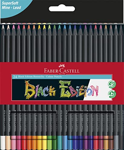 Faber-Castell - Blackwood Colouring Pencils, Pack of 24, Bright Colours with Soft Touch, Black Wood (24 Colouring Set) Including Felt Tip Pen Black Edition 20, Pencil Case Sleeve and Eraser Dust-Free