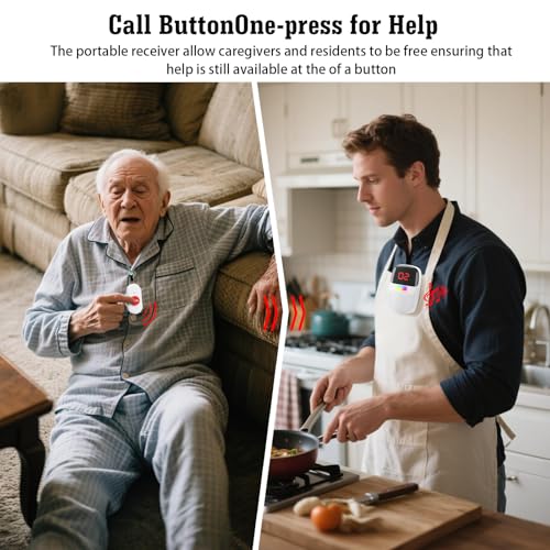 Caregiver Pager System with Digital Display for Elderly Assistance, Fall Prevention, and Nurse Calling，Wearable Wireless Pager for Patient Help at Home(1 Call Buttons + 2 Receivers)