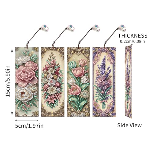 4Pcs Vintage Flowers DIY Diamond Art Painting Bookmark for Reading