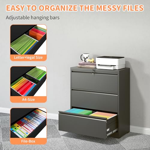 ASKVDL 3 Drawer Metal Lateral File Cabinet with Lock, Black