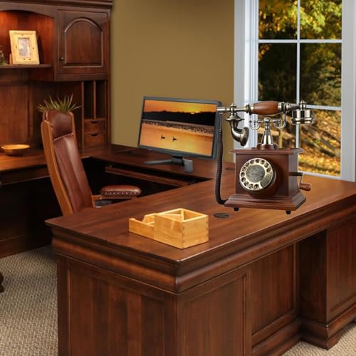 QUANGJN Vintage Table Phone Retro Rotary Dial Phone Landline Telephone Corded Old Fashion Antique Phone Wooden Old School Telephones for Home Office Cafe Bar Star Hotel Decor,Brown