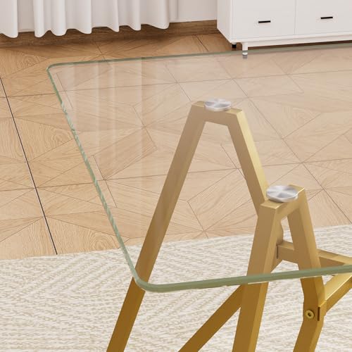 Modern Square Tempered Glass Dining Table, Clear Small Reception Table with Gold Metal Legs for Dining Room Living Room Office (35.4" Square Table)