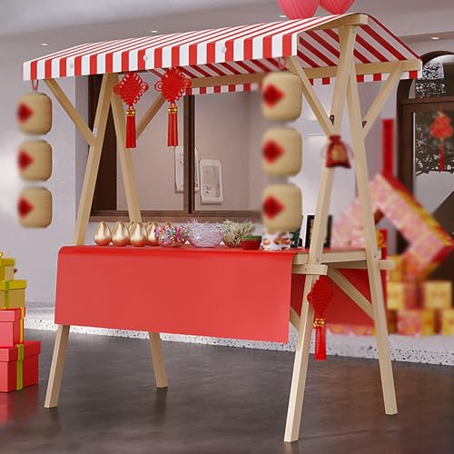 MLYAYE Commercial Vendor Cart with Wheels & Awning, Foldable Food Display Cart for Events/Farmers Market/Street/Beach, Heavy Duty Wooden Retail Booth Kiosk(Red,L 59 inch)