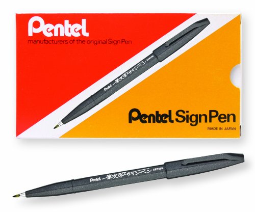 Pentel Arts Sign Pen Touch, Fude Brush Tip, Black Ink, Box of 12 (SES15-NA)