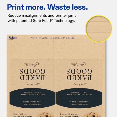 Avery Printable Rectangle Table Tent Cards, 3-3/8" x 3-11/16", Matte Kraft Brown, Sure Feed Technology, Print-To-The-Edge Capability, Laser/Inkjet Compatible, 100 Total