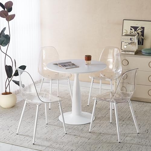 GDFStudio 5 Piece Modern Round Dining Table Set for 4 with MDF Tabletop Metal Legs and Transparent Chairs Mid Century Kitchen Dining Set for Dining Room Apartment, White