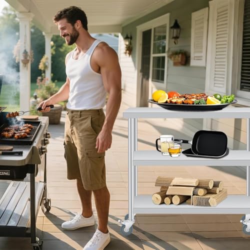 COZONY Stainless Steel Work Table with Lockable Casters, 18 x 36 in, 3-Tier Commercial Kitchen Prep Table, Metal Utility Table for Food Preparation, Restaurant, Garage, Laundry, Outdoor, Indoor