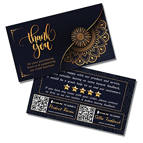Amazon Thank You for Purchase Cards with Feedback Request & QR Code Link - 2" x 3.5" - Business Card Size - Small Business - Online Store Retailer - Package Inserts (5000 Cards, Black/Gold Mandala)