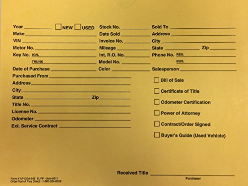 Pre-Printed Vehicle Deal Envelopes Deal Jackets (500 per Box) (Golden Buff) #511 (P12)