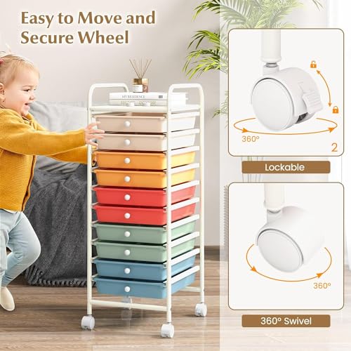 FUTADA 10-Drawer Rolling Storage Cart, Multi-Color, Alloy Steel Frame, Plastic Drawers, Lockable Casters