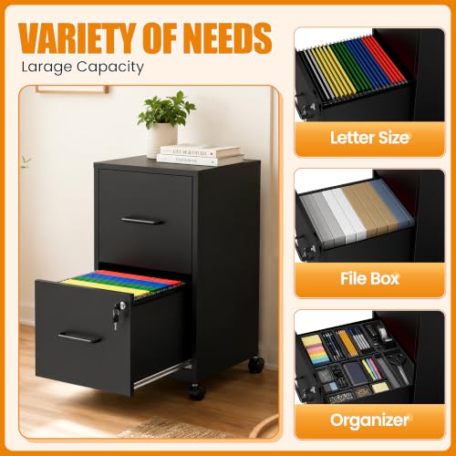 Yukimo 2 Drawer File Cabinet with Wheels, Metal Mobile Filing Cabinets with Lock, Vertical File Cabinet for Home Office, Rolling Storage Cabinet for A4/Letter/Legal Size File, Assembly Required, Black