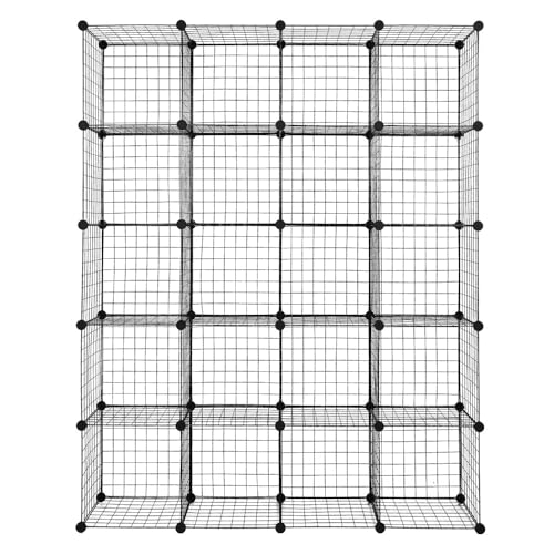 Kaireey 20-Cube Modular Wire Grid Storage Organizer, DIY Metal Cube Shelving Unit with Plastic Connectors, Origami Bookcase for Closet, Bedroom, Living Room & Office, Black