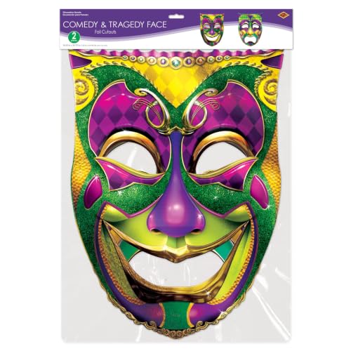 Casafoyer 2 Piece 24.75" x 18.25" Jumbo Foil Covered Cardstock Paper Comedy & Tragedy Faces Cut Outs for Mardi Gras Party Decorations - Pack of 2