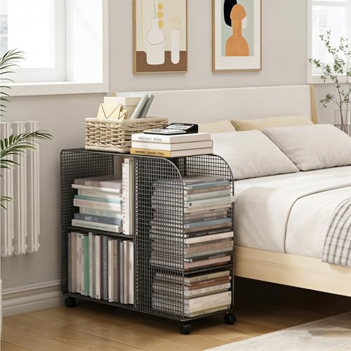 Rolling Book Cart with Wheels, 3 Tier Large Capacity Movable Bookshelf Organizer Rack, Strong Load-Bearing Capacity, Movable Metal Storage Rack for Home Office School(Black)