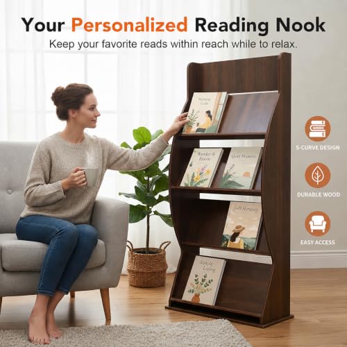 Quvex 7-Tier Magazine Rack, 44" Tall Curved Wooden Display Stand