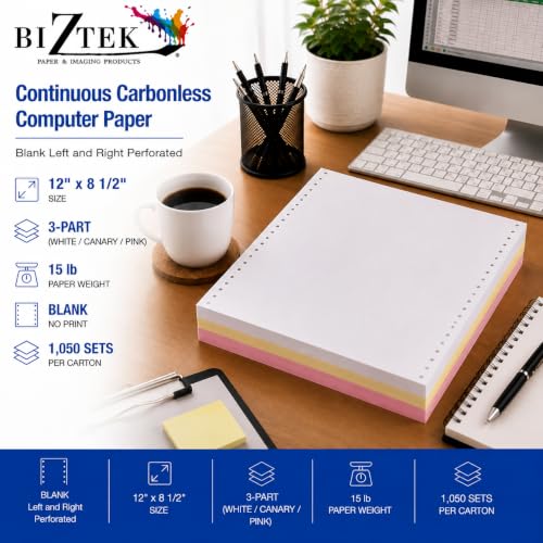 BIZTEK Continuous Carbonless Computer Paper 12 x 8 1/2, Blank Left and Right Perforated, 15 lb, 3-Part White/Canary/Pink - 1,050 sets
